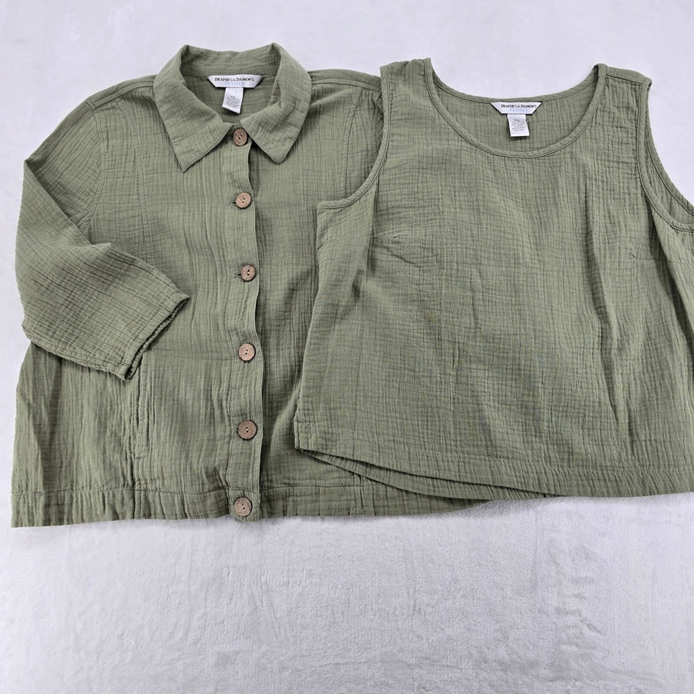 Draper's & Damon's 2pc Set Womens PXL Top Green Cotton Gauze Button Up Tank